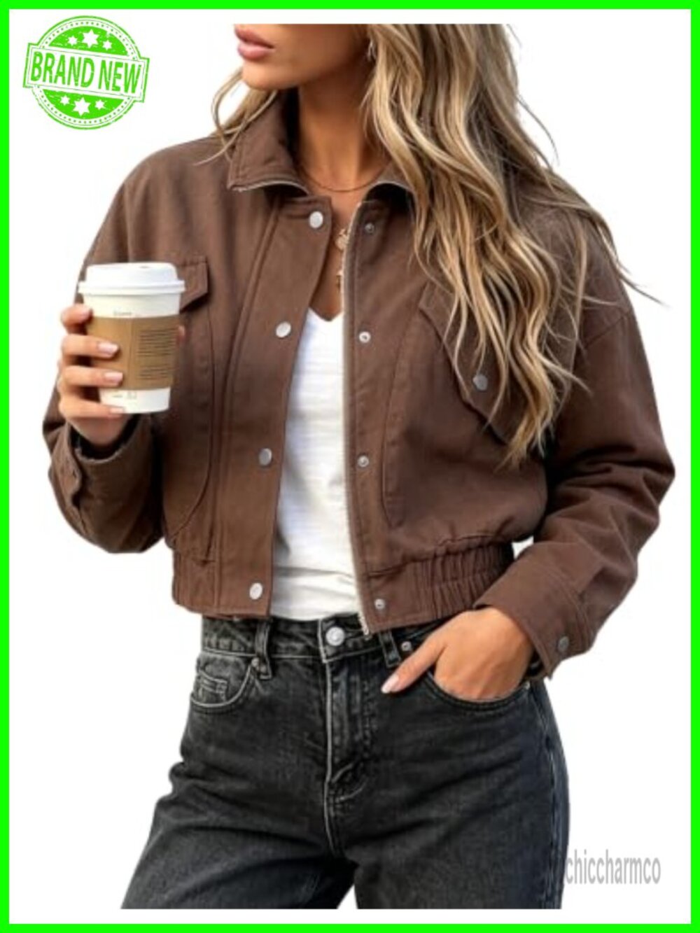 Women's Cropped Bomber Jacket Button Down Long Sleeve